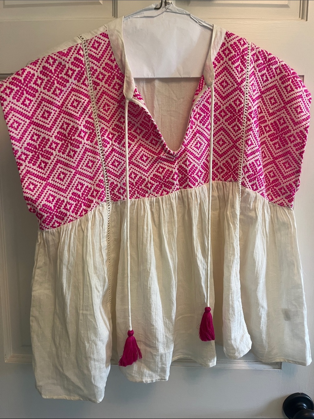 THML Pink and Cream Embroidered Peasant Tunic